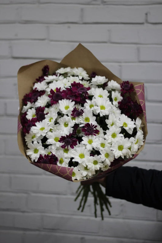 15 daisy-like chrysanthemums (color Purple and White)
